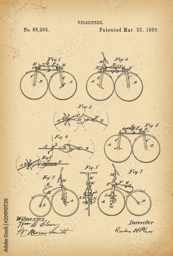 1869 Patent Velocipede Bicycle history  invention photo