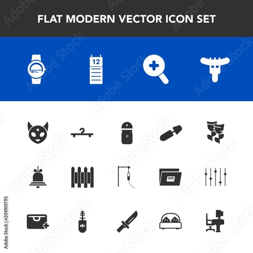 Modern, simple vector icon set with seasoning, sign, brush, hotdog, calendar, notification, sausage, medical, fashion, ufo, pepper, alert, space, fence, blossom, wall, mascara, food, spice, bell icons