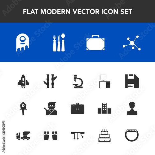 Modern, simple vector icon set with technology, spoon, office, bag, nature, computer, biology, bamboo, emergency, health, research, science, object, plant, desk, ninja, craft, style, spaceship icons