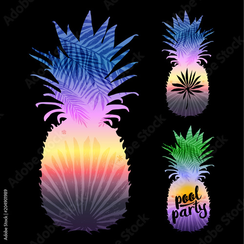 pineapple silhouette with tropical palm leaves on a black background. Vector ...