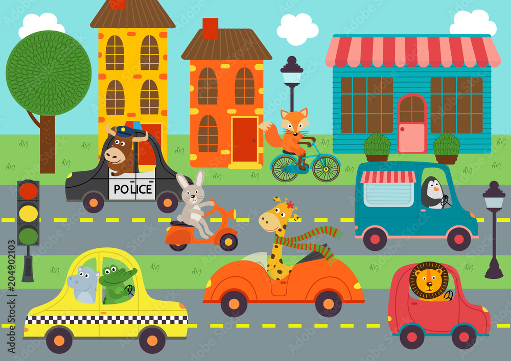 transport with animals in town - vector illustration, eps
