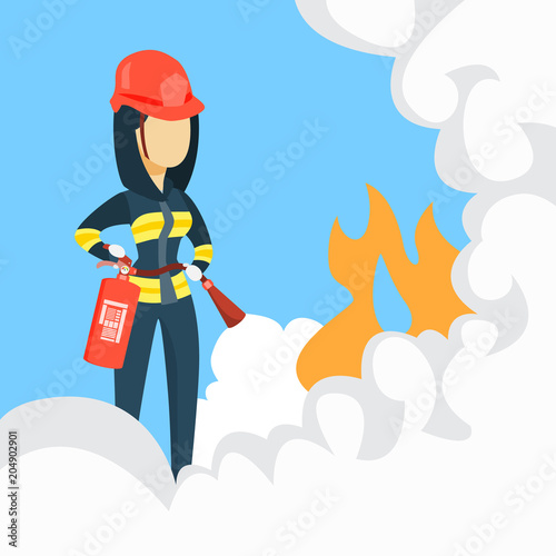 Female firefighter with extinguisher.
