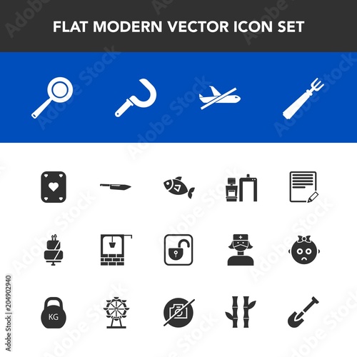 Modern, simple vector icon set with pan, sweet, harvest, sickle, spoon, farming, edit, knife, write, game, sign, sea, dinner, bucket, cake, water, lock, play, flight, old, open, travel, well icons
