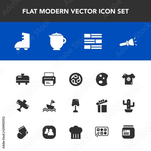 Modern, simple vector icon set with printer, teapot, cake, equipment, home, kamon, dessert, boiler, print, technology, light, sport, yacht, food, flashlight, tea, baby, table, sail, news, flight icons
