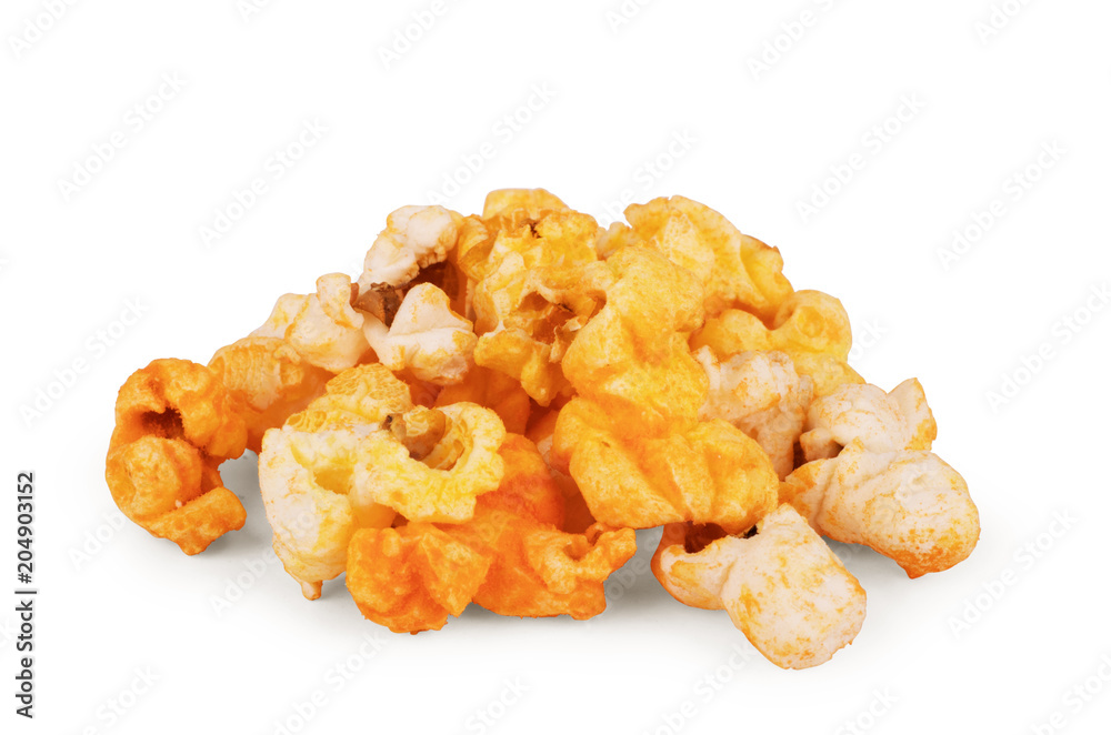 Cheese popcorn on the white background. Cheese popcorn on the white background.