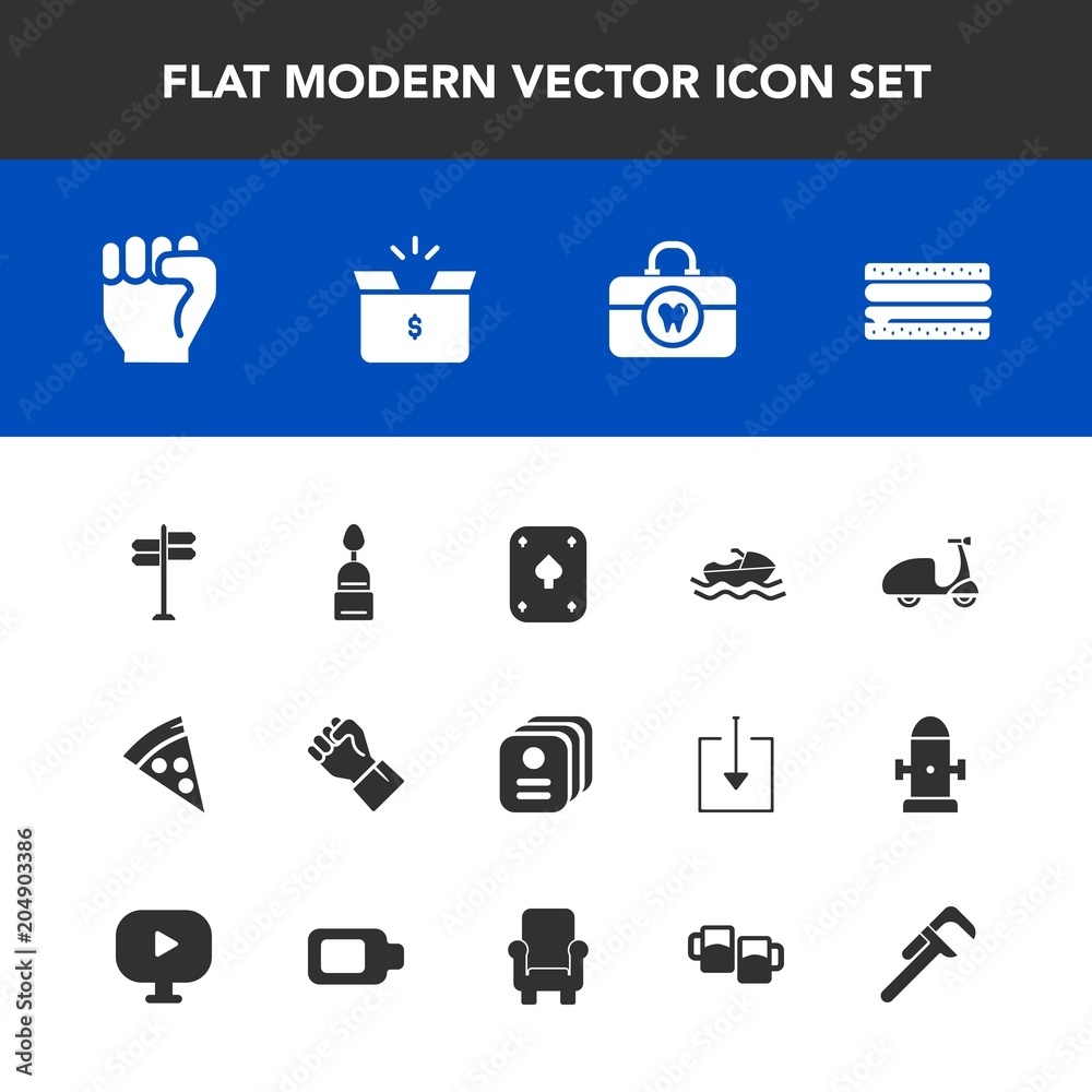 Modern, simple vector icon set with lunch, finger, bike, sport, pizza, play, cycle, direction, hand, clean, burger, business, ocean, concept, people, package, hygiene, container, food, snack, id icons