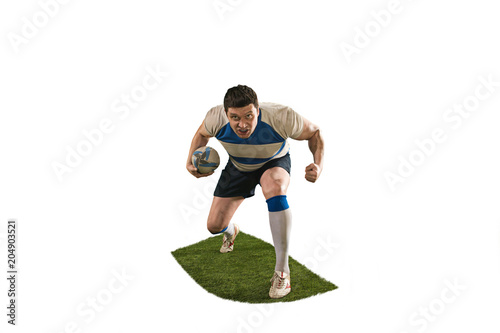 The silhouette of one caucasian rugby man player isolated on white background