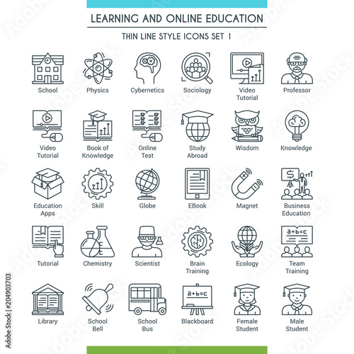 Learning and online education icons set. Modern icons on theme knowledge, scince, teaching, school and university. Thin line design icons collection. Vector illustration