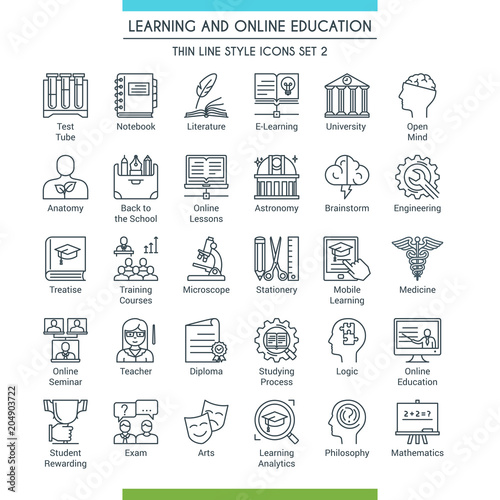 Learning and online education icons set. Modern icons on theme knowledge, scince, teaching, school and university. Thin line design icons collection. Vector illustration