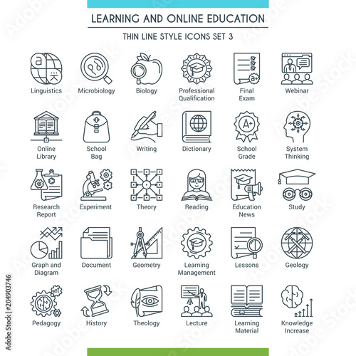 Learning and online education icons set. Modern icons on theme knowledge, scince, teaching, school and university. Thin line design icons collection. Vector illustration