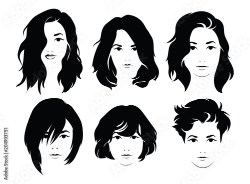 Set of hairstyles for women. Collection of black silhouettes of hairstyles for girls.