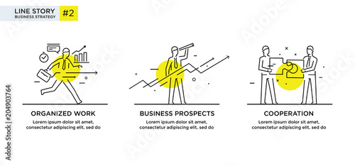 Set of illustrations concept with businessmen. Workflow, growth, graphics. Business development, milestones. linear illustration Icons infographics. Landing page site print poster