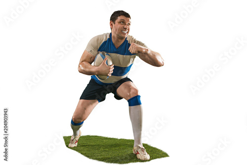 The silhouette of one caucasian rugby man player isolated on white background © master1305