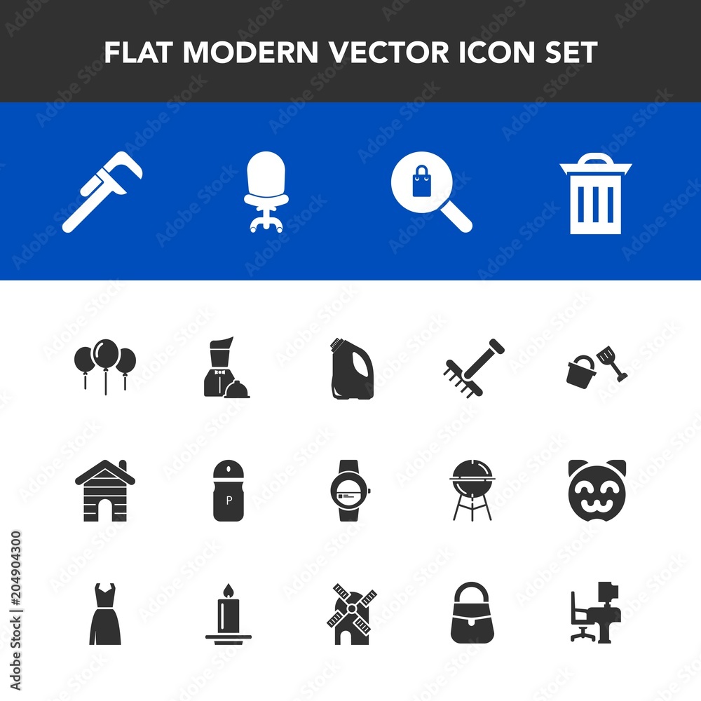 Modern, simple vector icon set with salt, waste, restaurant, autumn, watch, industrial, chair, spice, seasoning, bucket, raking, interior, pepper, garden, building, comfortable, recycle, time icons