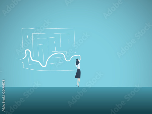 Business solution vector concept with business woman finding way through maze. Symbol of genius, intelligent woman, challenge, opportunity, planning, strategy.