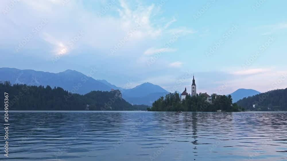 Evening on Island Bled in the Julian Alps in Slovenia. 4K Video Clip Evening on Island Bled in the Julian Alps in Slovenia. 4K Video Clip