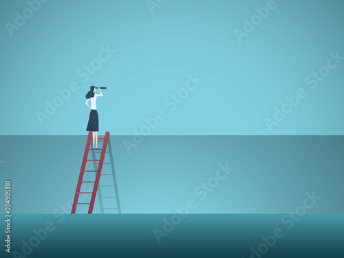 Business vision vector concept with business woman standing on top of ladder above wall. Symbol of overcoming obstacles, challenges, breaking barriers, new opportunities.