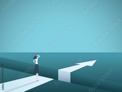 Business challenge and solution vector concept with businesswoman standing over big gap. Symbol of overcoming obstacles, strategy, analysis, creativity.