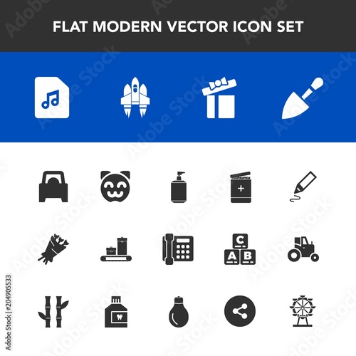 Modern, simple vector icon set with tool, rocket, communication, luggage, shovel, technology, bag, craft, animal, spaceship, music, london, vehicle, clean, beautiful, blossom, holiday, asian icons