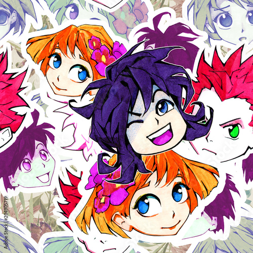 Funny bright and colorful cartoon seamless anime illustration with pretty emotional faces