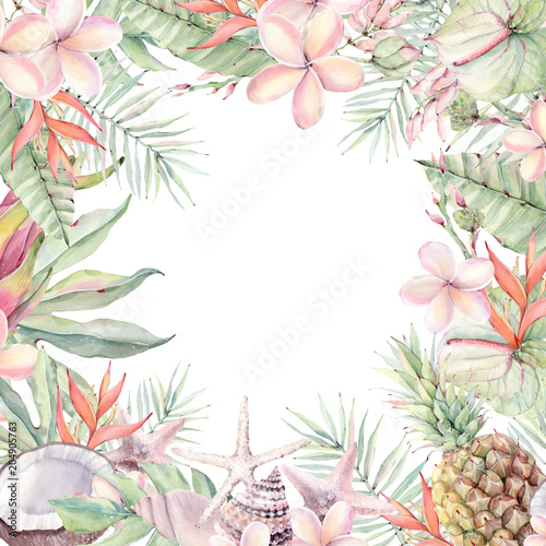 watercolor flower tropical circle frame.