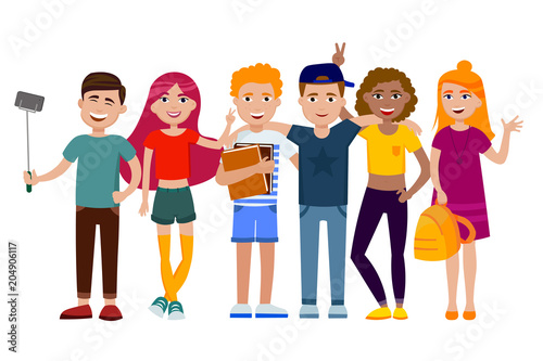 Group of cute happy teenagers having fun, standing together with gadgets, backpacks and books. School students. Set of young people in cartoon style vector flat illustration isolated on white.