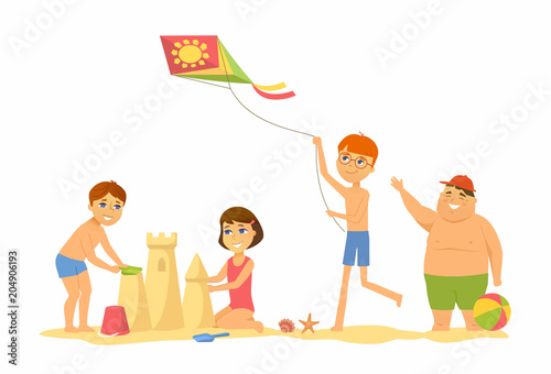Happy children on the beach - cartoon people character illustration
