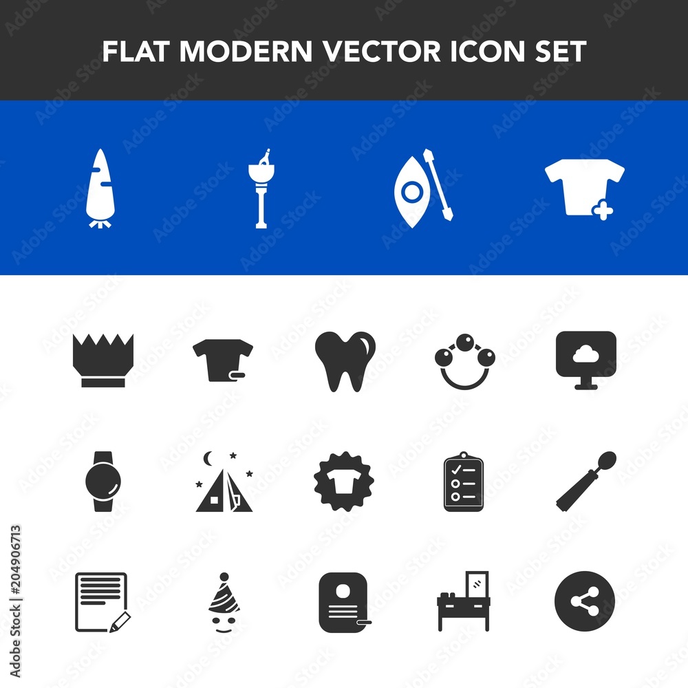Modern, simple vector icon set with baby, royal, fresh, gadget, activity, healthy, adventure, drink, raw, king, water, alcohol, clothes, dental, carrot, camp, shirt, food, travel, kayaking, toy icons