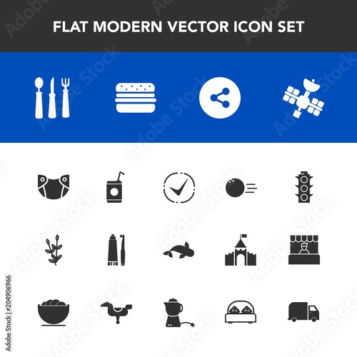 Modern, simple vector icon set with sea, beverage, dental, bowling, button, traffic, green, cold, seafood, safety, media, glass, hygiene, newborn, liquid, pin, health, sport, knife, satellite icons