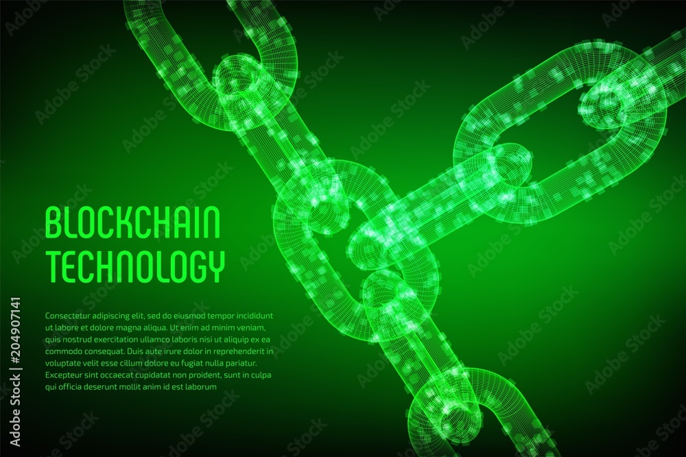 Block chain. Crypto currency. Blockchain concept. 3D wireframe chain with digital blocks. Editable cryptocurrency template. Stock vector illustration.