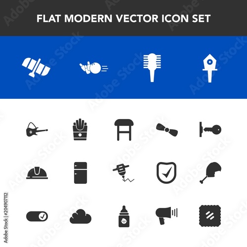 Modern, simple vector icon set with key, white, bow, food, brush, hand, musical, potato, armchair, gift, drill, refrigerator, hair, security, equipment, interior, comfortable, machine, station icons