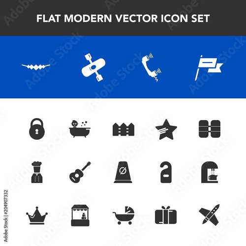 Modern, simple vector icon set with cylinder, lock, oxygen, chief, child, kid, security, technology, kayaking, call, kayak, star, telephone, necklace, white, country, activity, jewelry, music icons