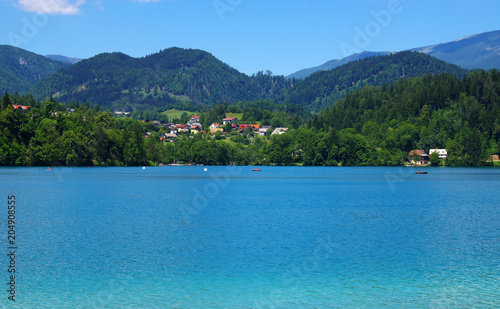 Lake Bled and mountains.