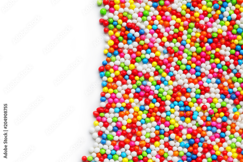 close up of colorful sprinkle sugar with white background