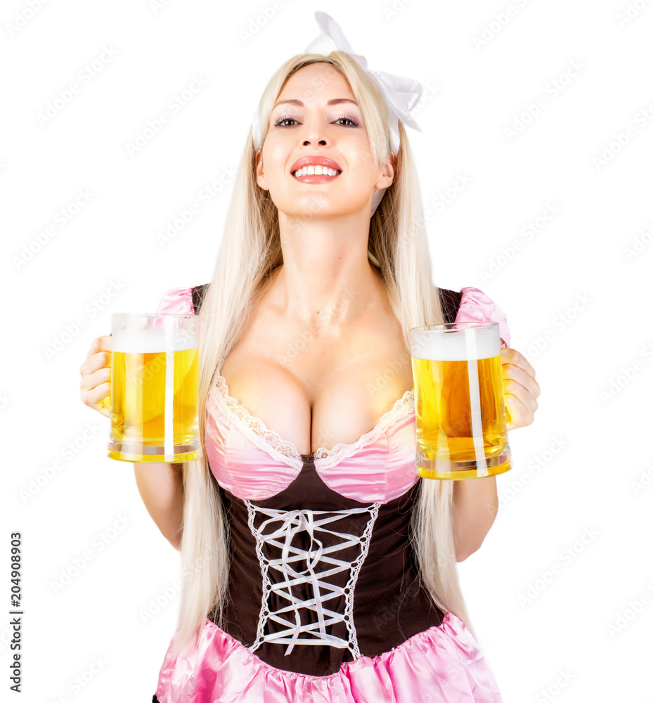 oktoberfest woman with big breast Holds two mugs Stock Photo | Adobe Stock