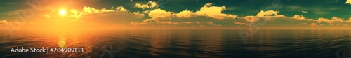 panorama of the ocean sunset, sea sunset, the sun in the clouds over the water, 3D rendering 