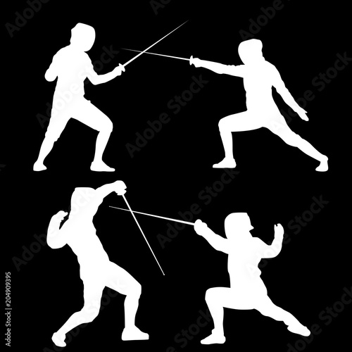 A set of raster silhouettes of people that are engaged in sports fencing