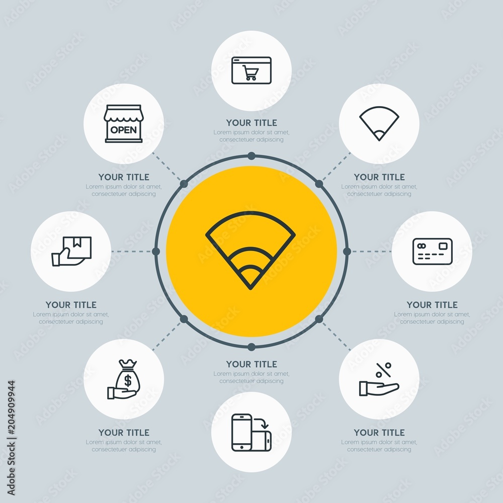 Circle network chart business, mobile, shopping infographic template with 8 options for presentations, advertising, annual reports. Circle network chart business, mobile, shopping infographic template with 8 options for presentations, advertising, annual reports.