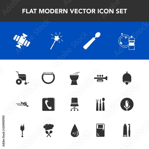 Modern, simple vector icon set with departure, cleaner, furniture, toothpaste, musical, internet, handicap, broom, call, chair, gadget, smart, dental, sign, phone, travel, spoon, watch, time icons