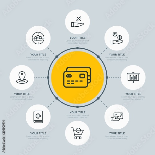 Circle network chart business, mobile, shopping infographic template with 8 options for presentations, advertising, annual reports.