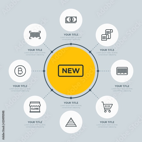 Circle network chart business, mobile, shopping infographic template with 8 options for presentations, advertising, annual reports.