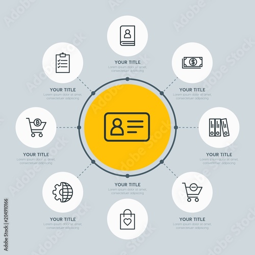 Circle network chart business, mobile, shopping infographic template with 8 options for presentations, advertising, annual reports.