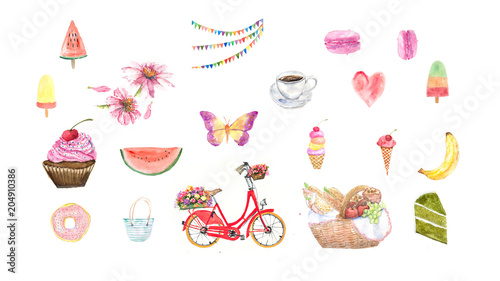 Watercolor illustrator of picnic set with bicycle , basket picnic, cup cake and coffee on white background