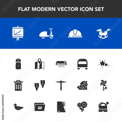 Modern, simple vector icon set with duck, helmet, construction, safety, location, nature, baby, sport, transportation, hammer, sky, map, bus, travel, underwater, star, work, pin, air, food, box icons