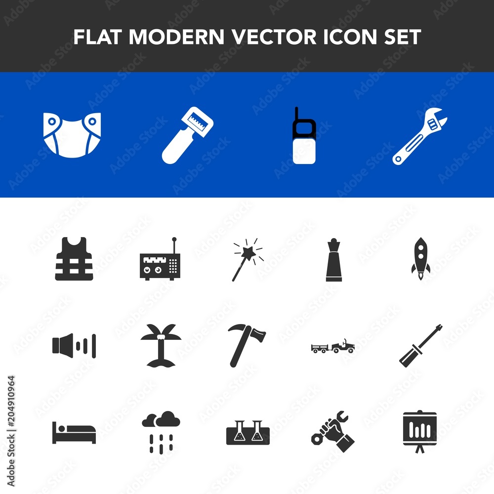 Modern, simple vector icon set with game, report, piece, magic, safety, summer, baby, infant, jacket, technology, volume, telephone, communication, potato, care, mobile, spanner, speaker, rocket icons Modern, simple vector icon set with game, report, piece, magic, safety, summer, baby, infant, jacket, technology, volume, telephone, communication, potato, care, mobile, spanner, speaker, rocket icons