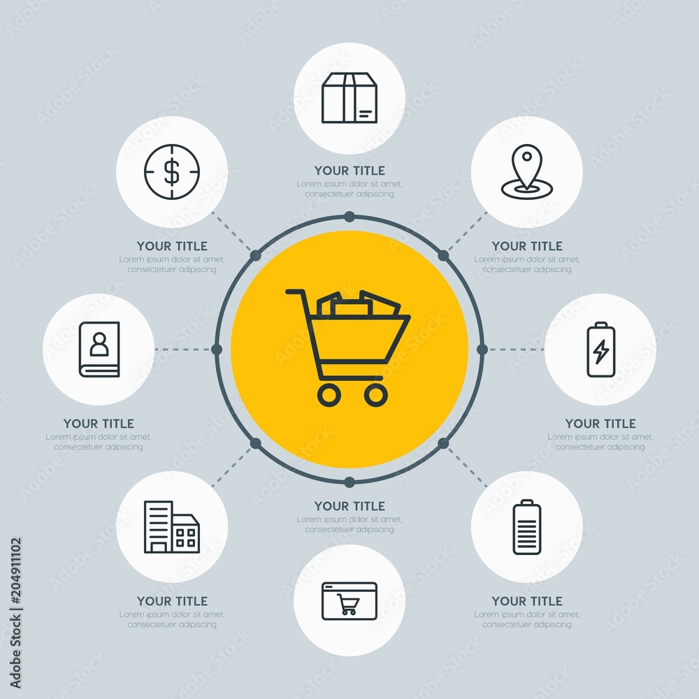 Circle network chart business, mobile, shopping infographic template with 8 options for presentations, advertising, annual reports.