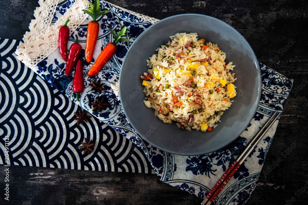 Cantonese fried basmati rice with ham and eggs Cantonese fried basmati rice with ham and eggs