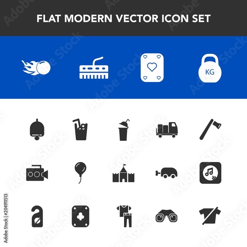 Modern, simple vector icon set with celebration, screwdriver, hammer, comet, delivery, ring, decoration, music, shirt, kilogram, video, clothing, bell, film, collection, tower, heavy, astronomy icons