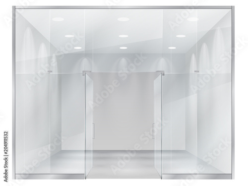 Glass showcase of boutique. A view of the interior of a small store through a large window showcase. Template for the design of the exhibition stand of the shop.