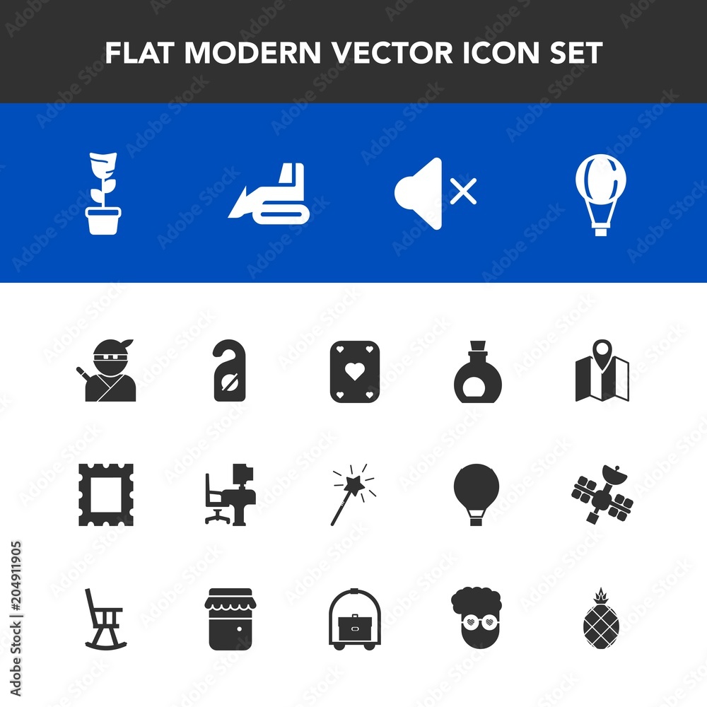 Modern, simple vector icon set with weapon, office, parachute, olive ...